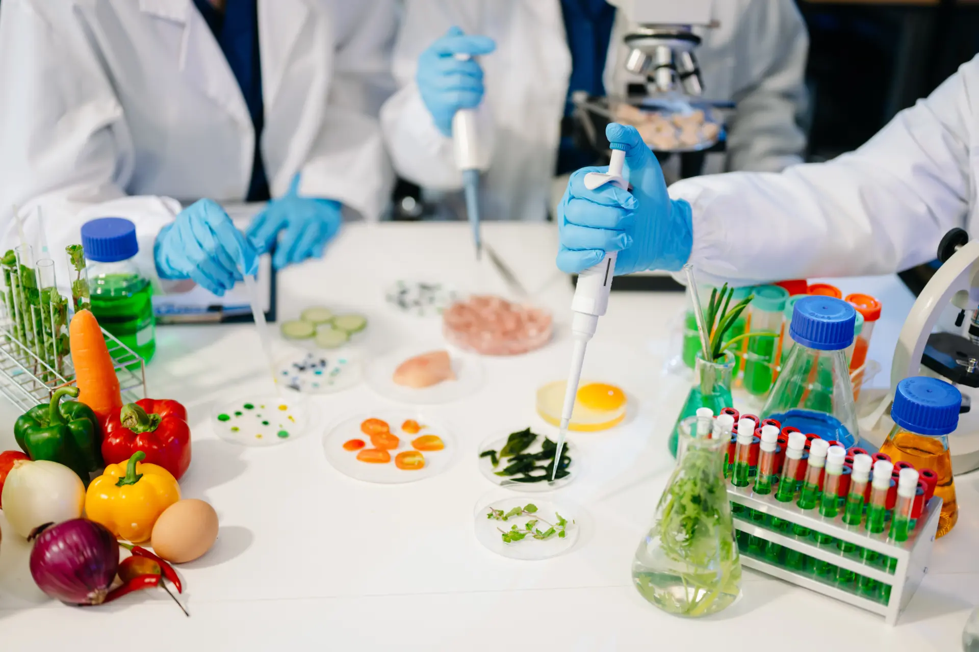 Food scientists analysing fresh ingredient samples with pipettes and petri dishes in a food research laboratory