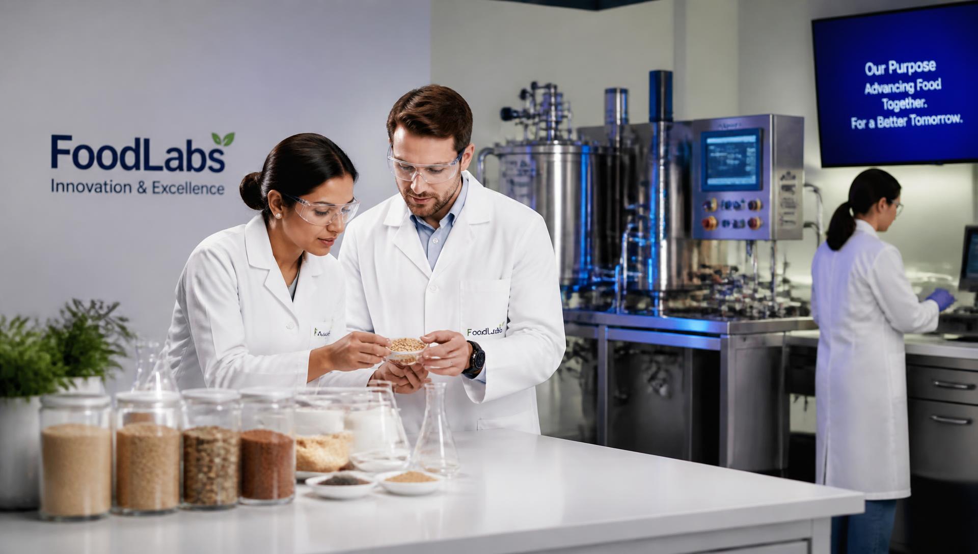 Food scientists evaluating ingredient samples in a modern food research laboratory