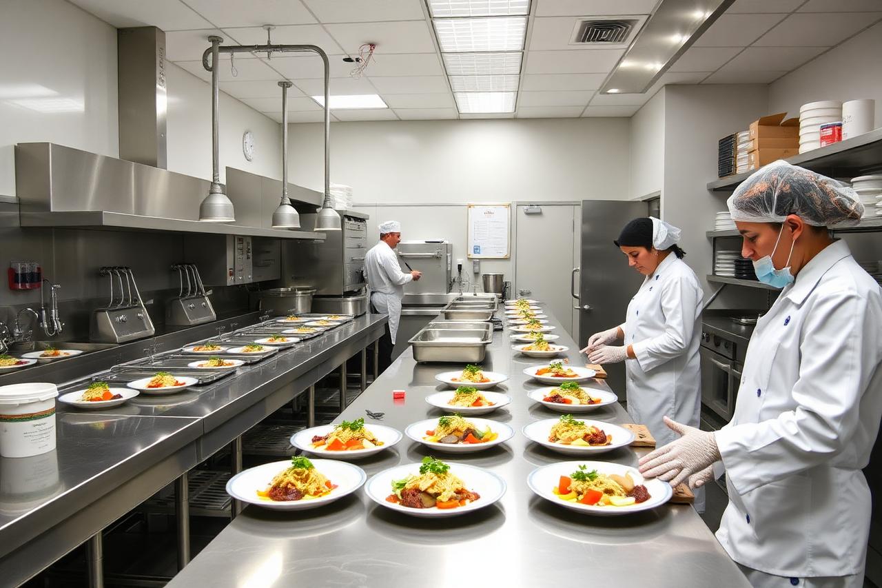 Food technologists developing prototype products in an R&D test kitchen